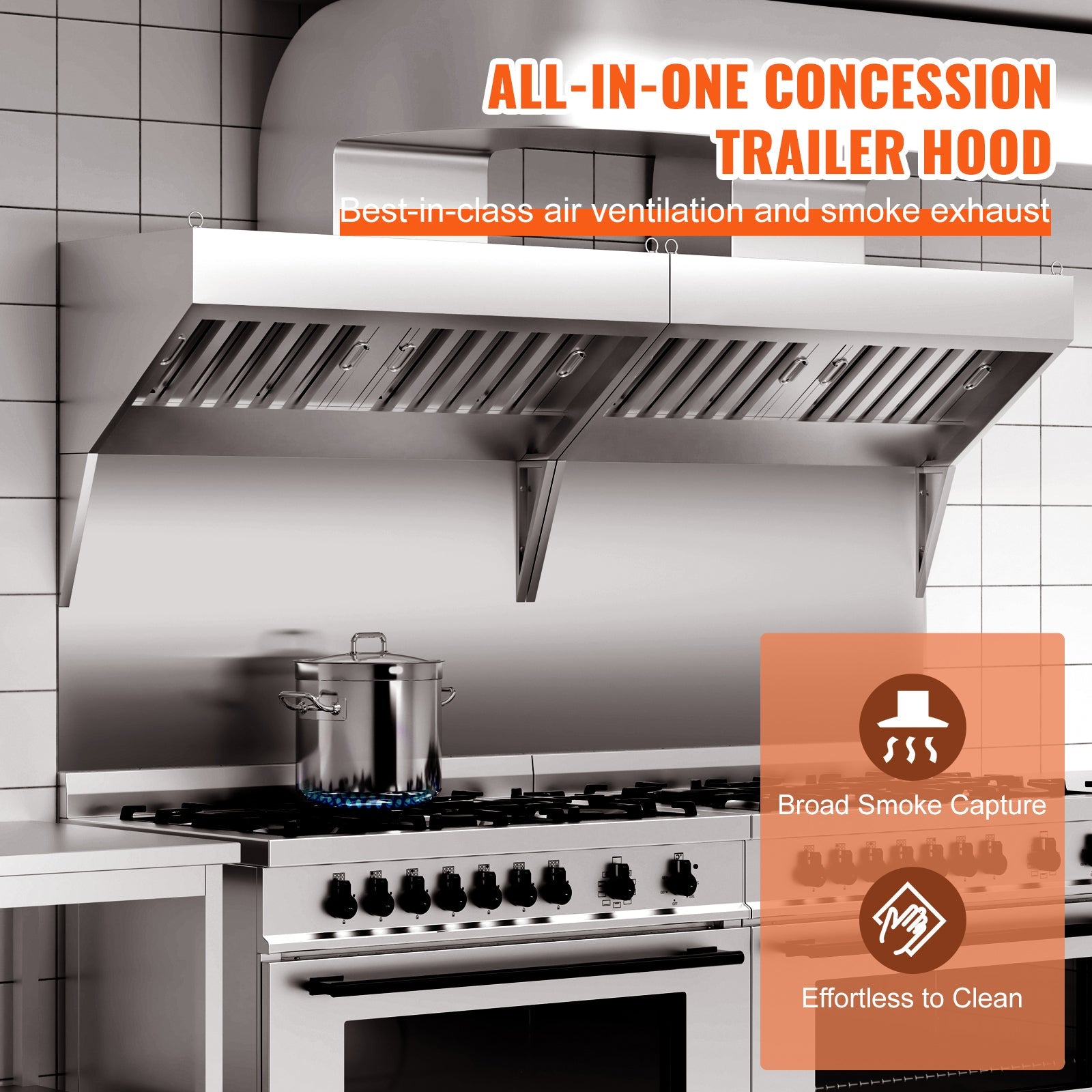 Commercial Exhaust Hood, 8FT Food Truck Hood Exhaust, 201 Stainless Steel Concession Trailer Hood with 4 Detachable U-shaped Grid Oil Filter Mesh, Rust Resistant Vent Hood for Kitchen Restaurant