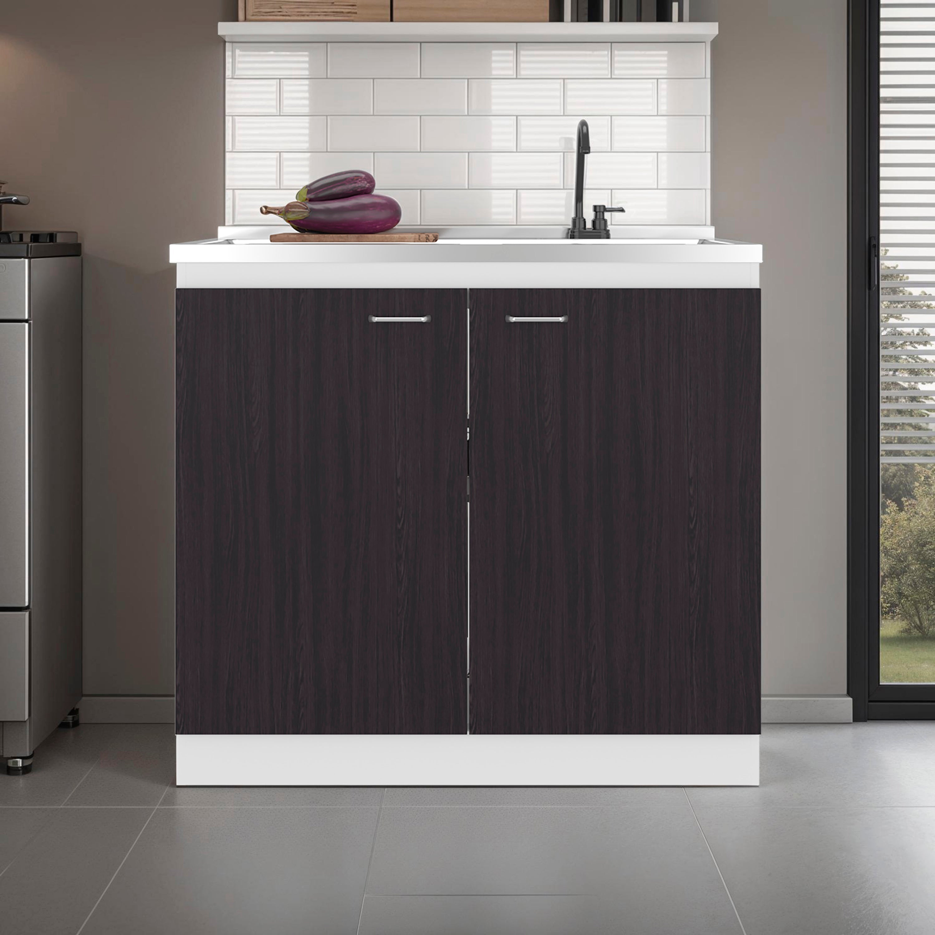 Salento Freestanding Sink, Double Door Cabinet, Two Shelves, White / Black Wengue