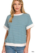 Zenana Stripe Contrast Trim Banded Bottom Top