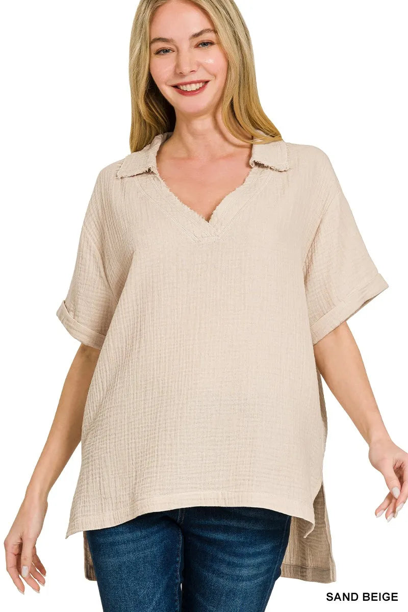 Zenana Double Gauze Short Sleeve High-Low Top