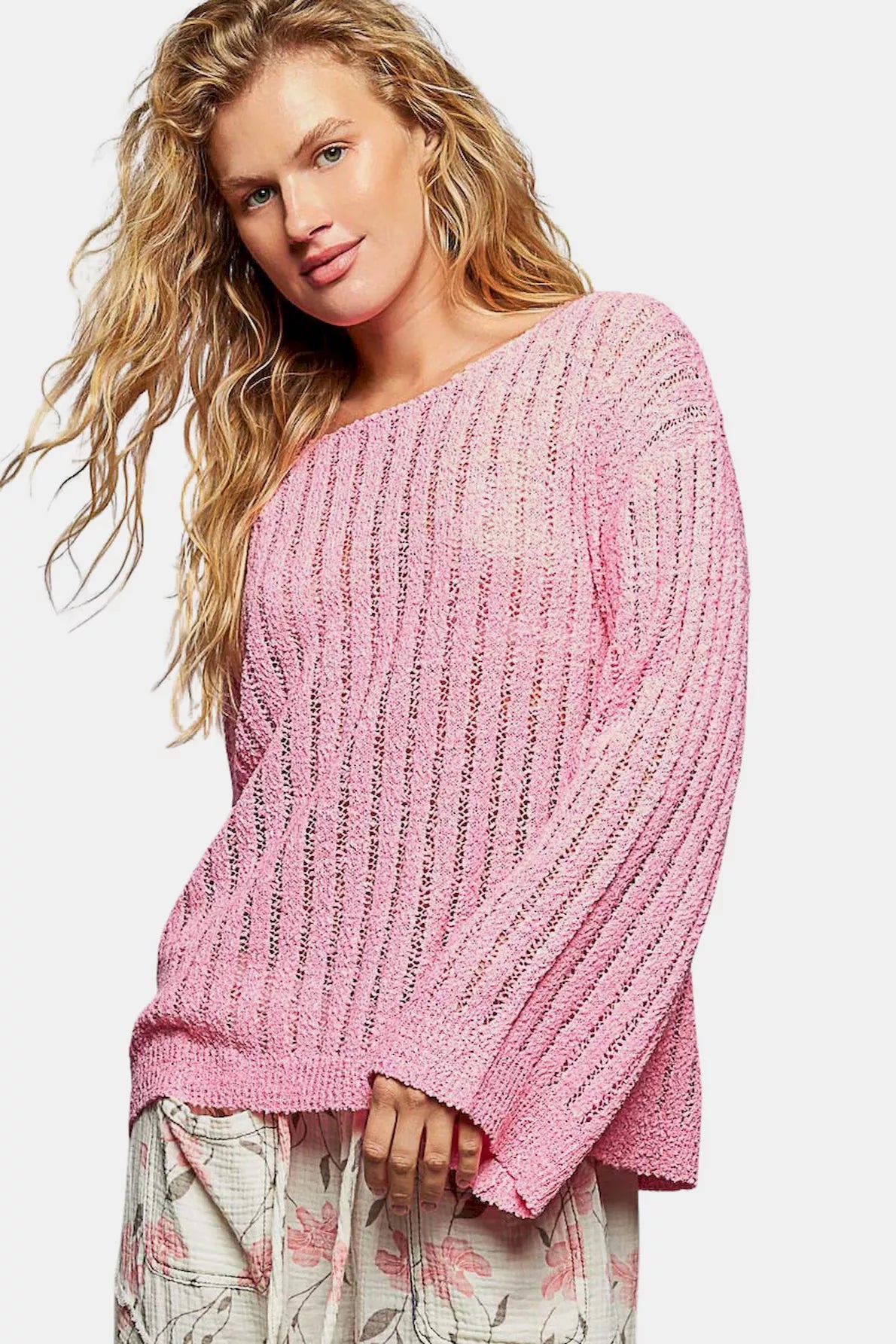 POL Round Neck Long Sleeve Open Weave Sweater