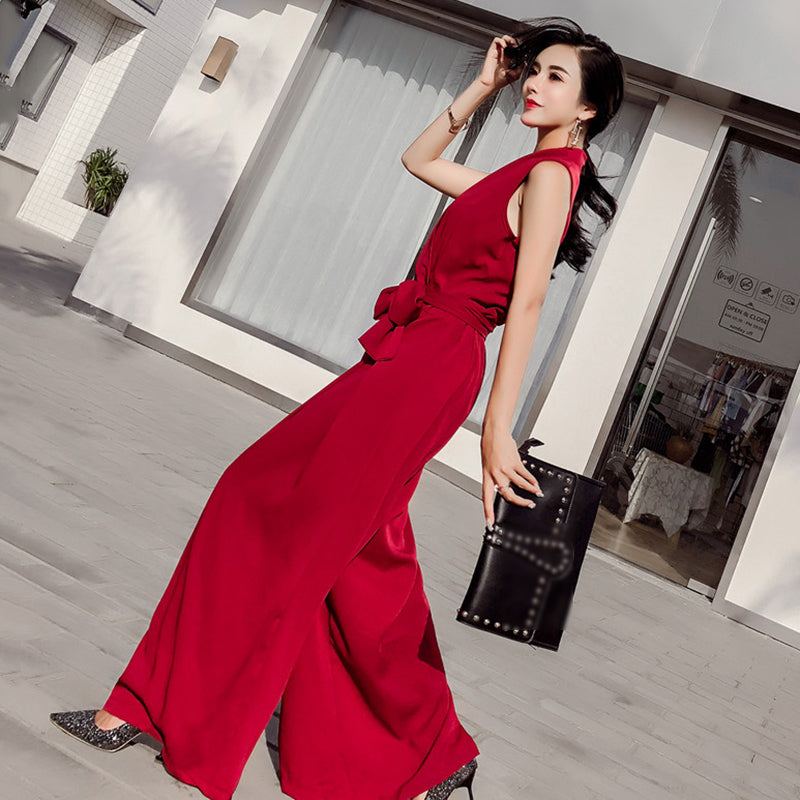 Chicever Women's V-Neck Wide-Leg Jumpsuit with Bow