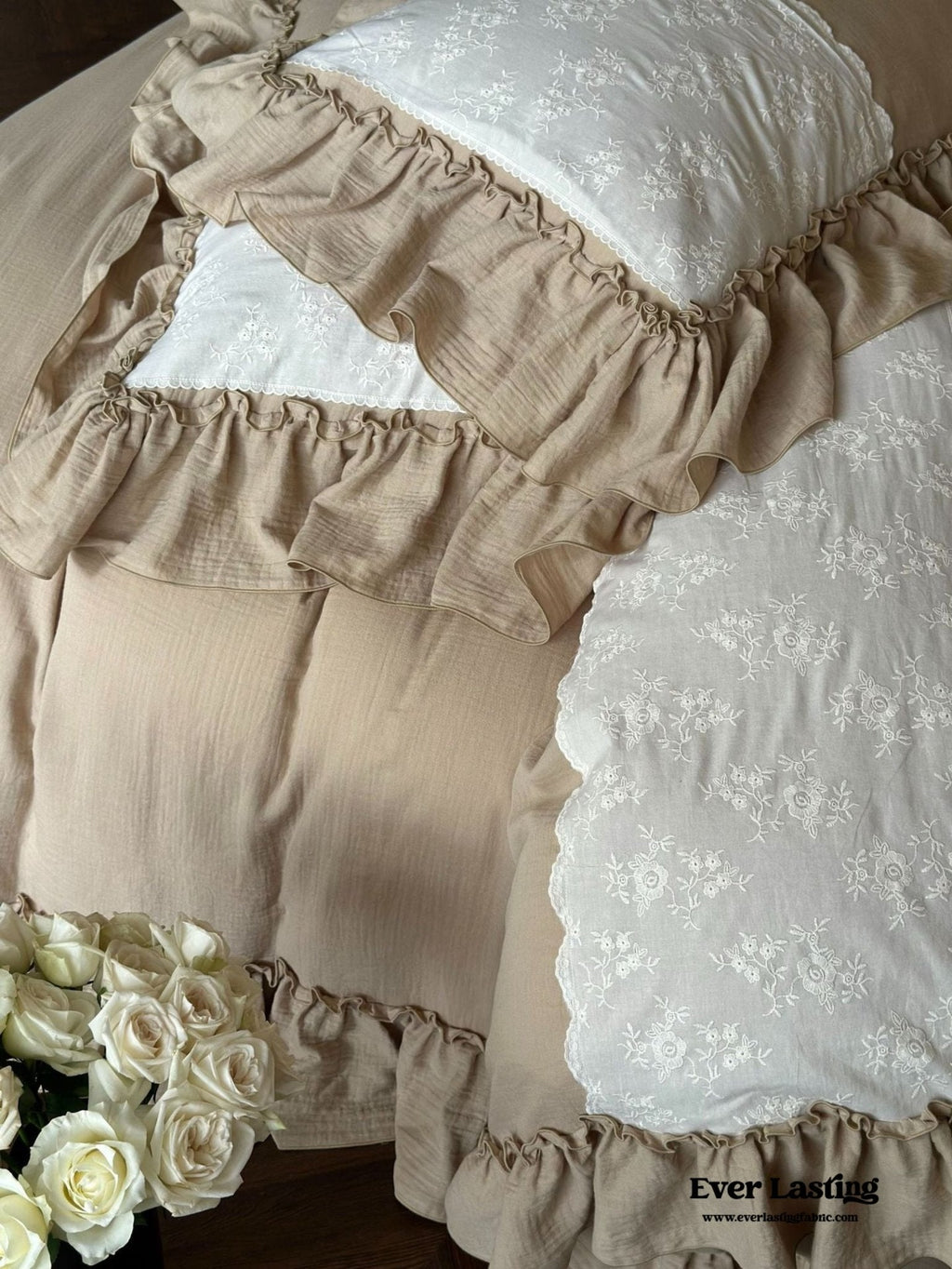 Celeste Soft Lace Embroidered Ruffle Bedding Set  / Coffee Brown