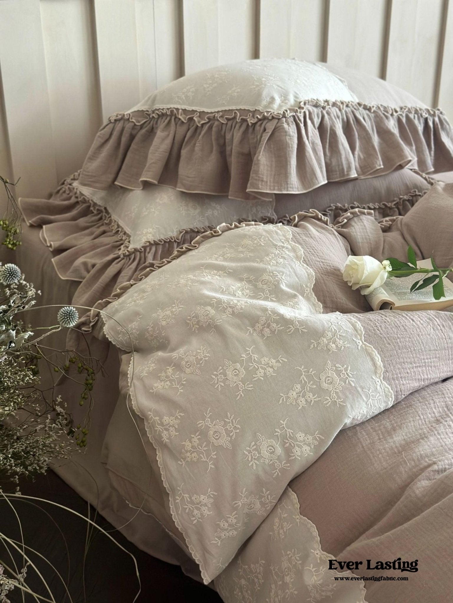 Celeste Soft Lace Embroidered Ruffle Bedding Set  / Coffee Brown