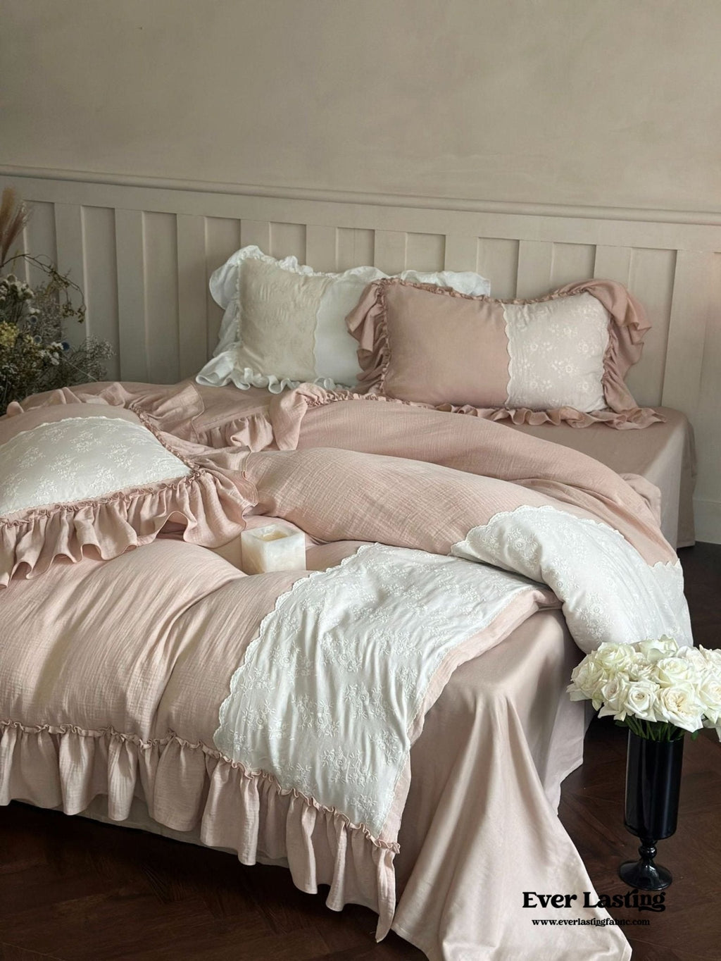 Celeste Soft Lace Embroidered Ruffle Bedding Set  / Coffee Brown