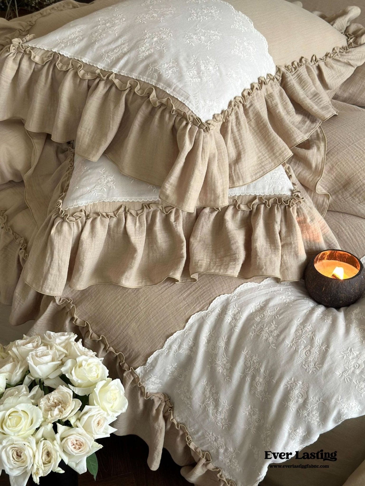 Celeste Soft Lace Embroidered Ruffle Bedding Set  / Coffee Brown