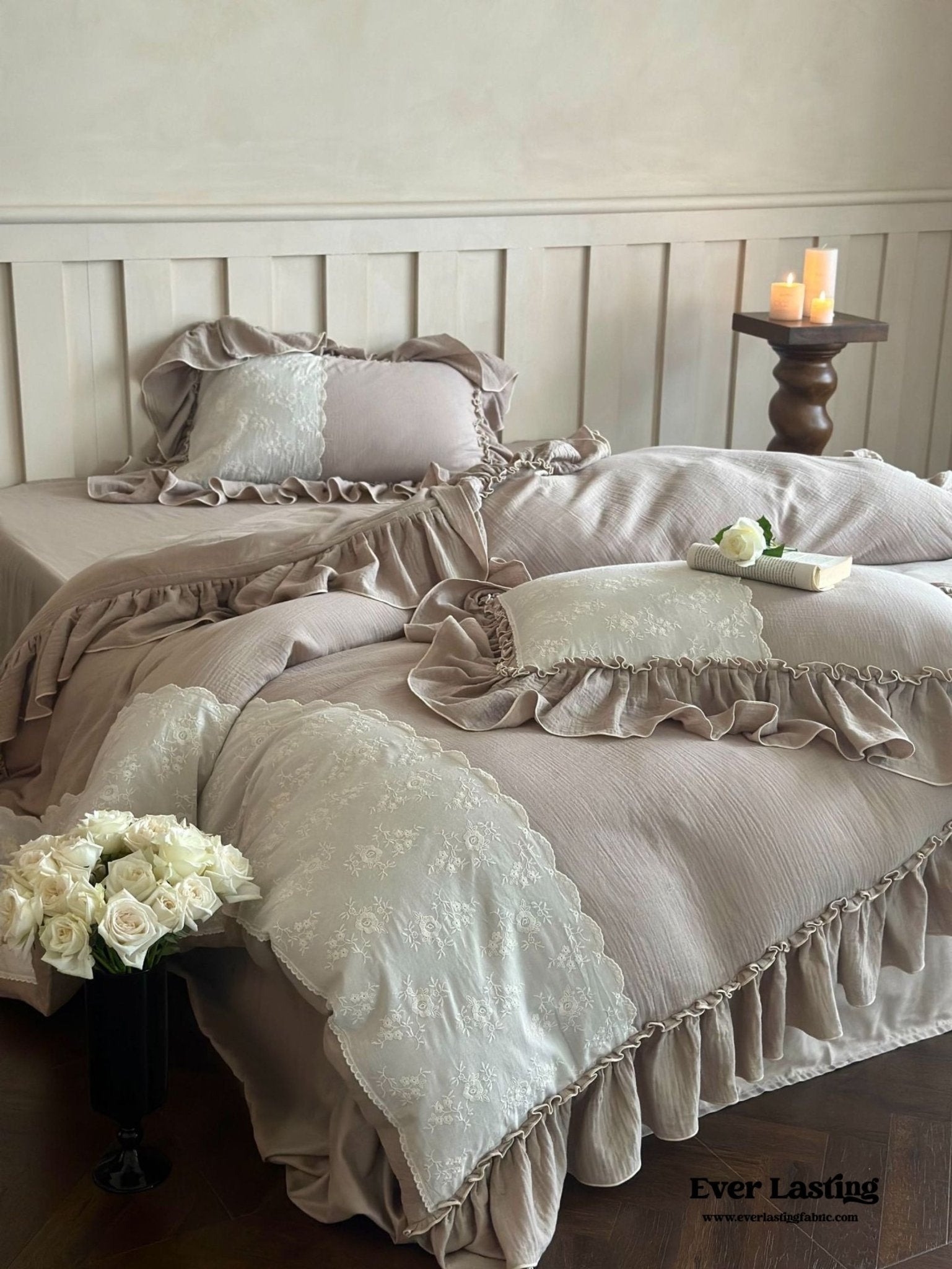 Celeste Soft Lace Embroidered Ruffle Bedding Set  / Coffee Brown