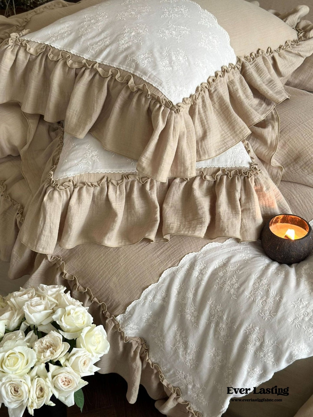 Celeste Soft Lace Embroidered Ruffle Bedding Set  / Olive Green