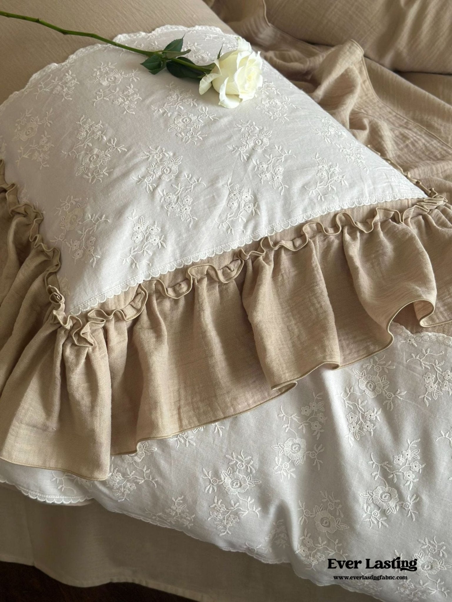 Celeste Soft Lace Embroidered Ruffle Bedding Set  / Olive Green
