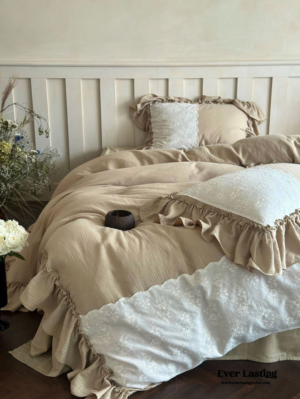 Celeste Soft Lace Embroidered Ruffle Bedding Set  / Olive Green