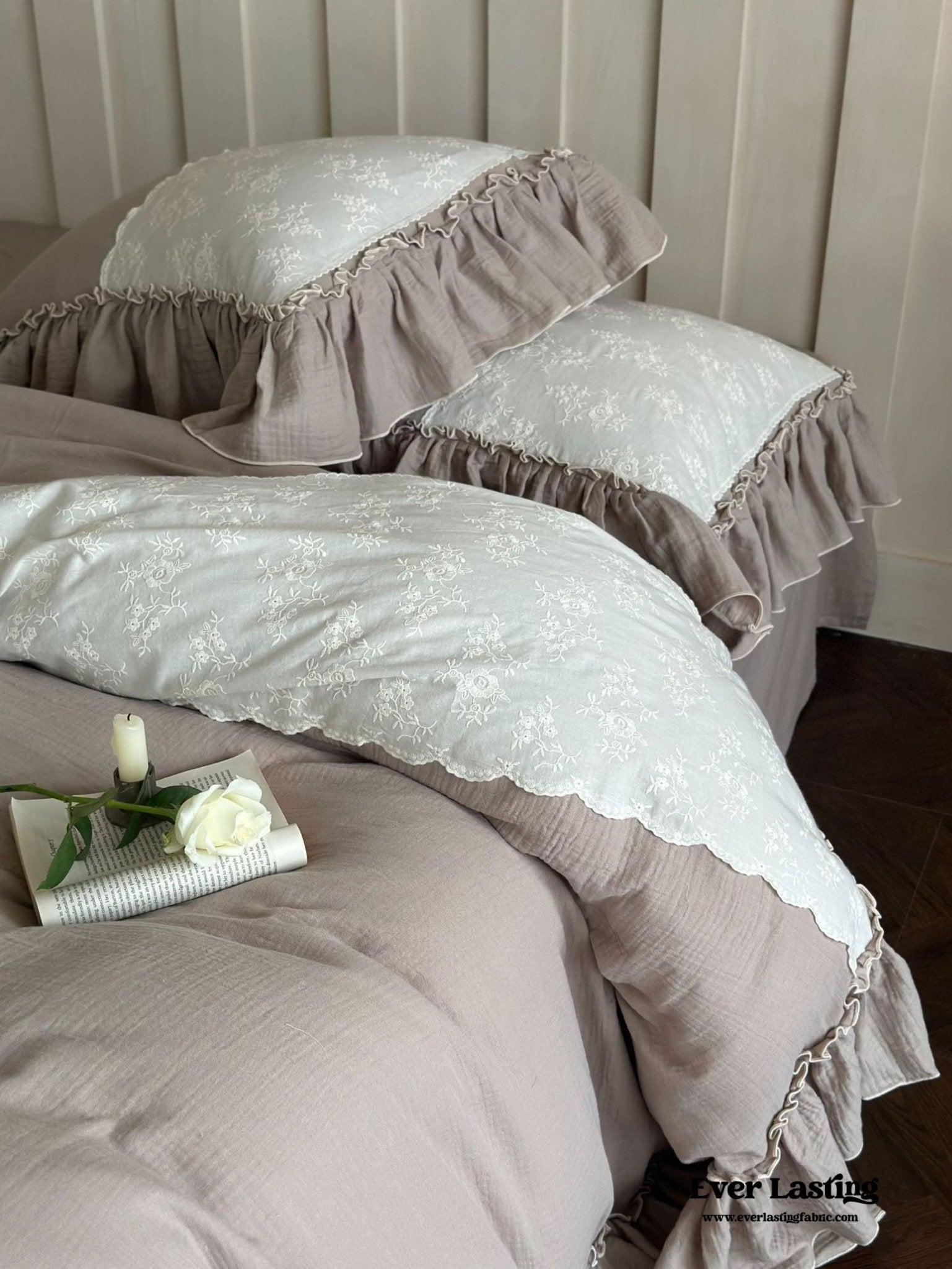 Celeste Soft Lace Embroidered Ruffle Bedding Set  / Olive Green