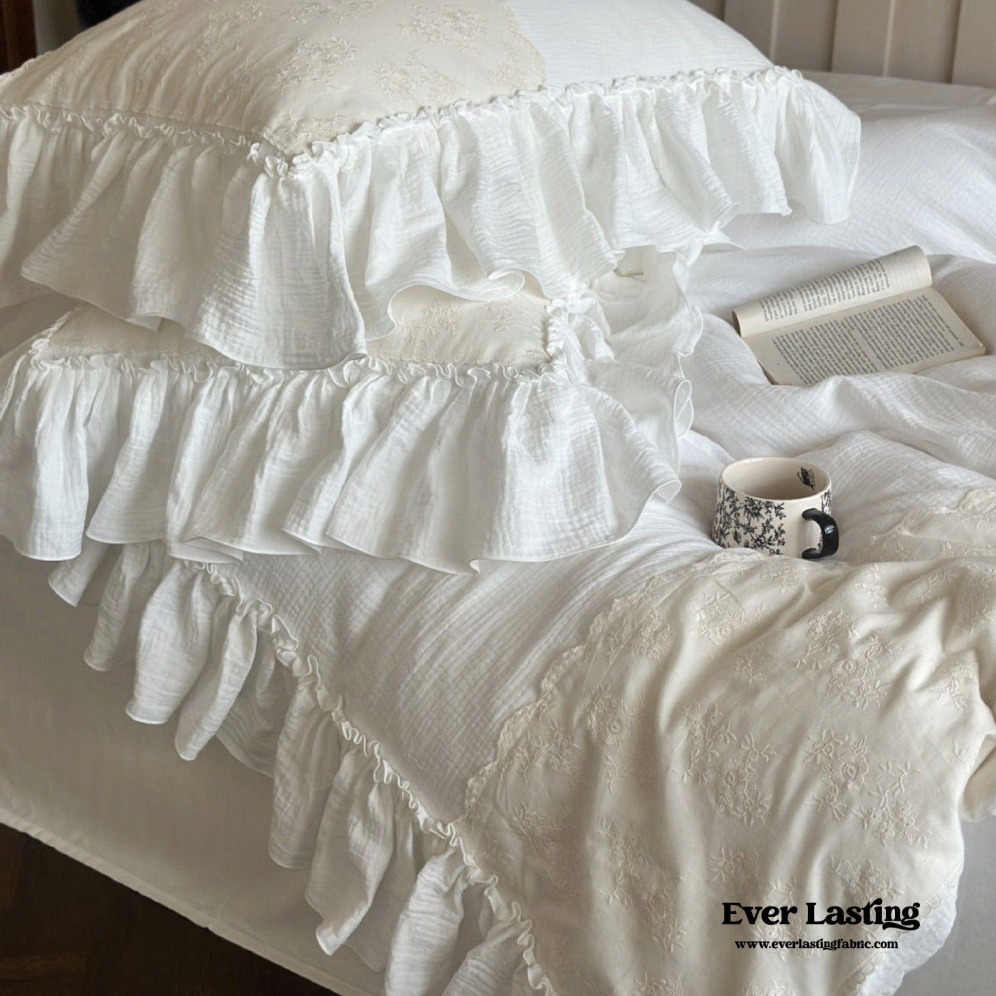 Celeste Soft Lace Embroidered Ruffle Bedding Set  / Olive Green