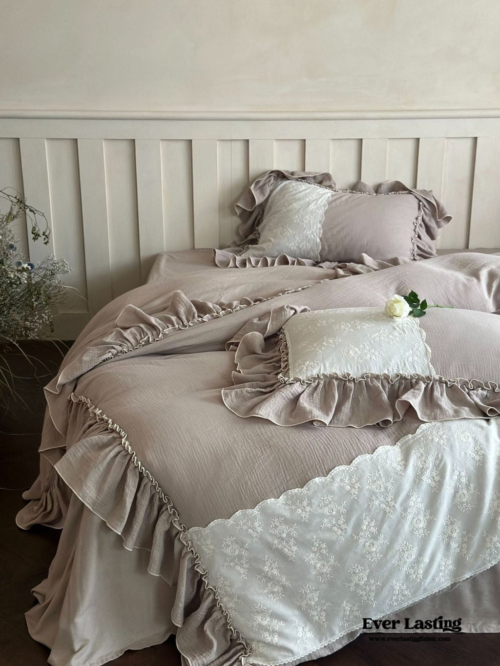 Celeste Soft Lace Embroidered Ruffle Bedding Set  / Olive Green
