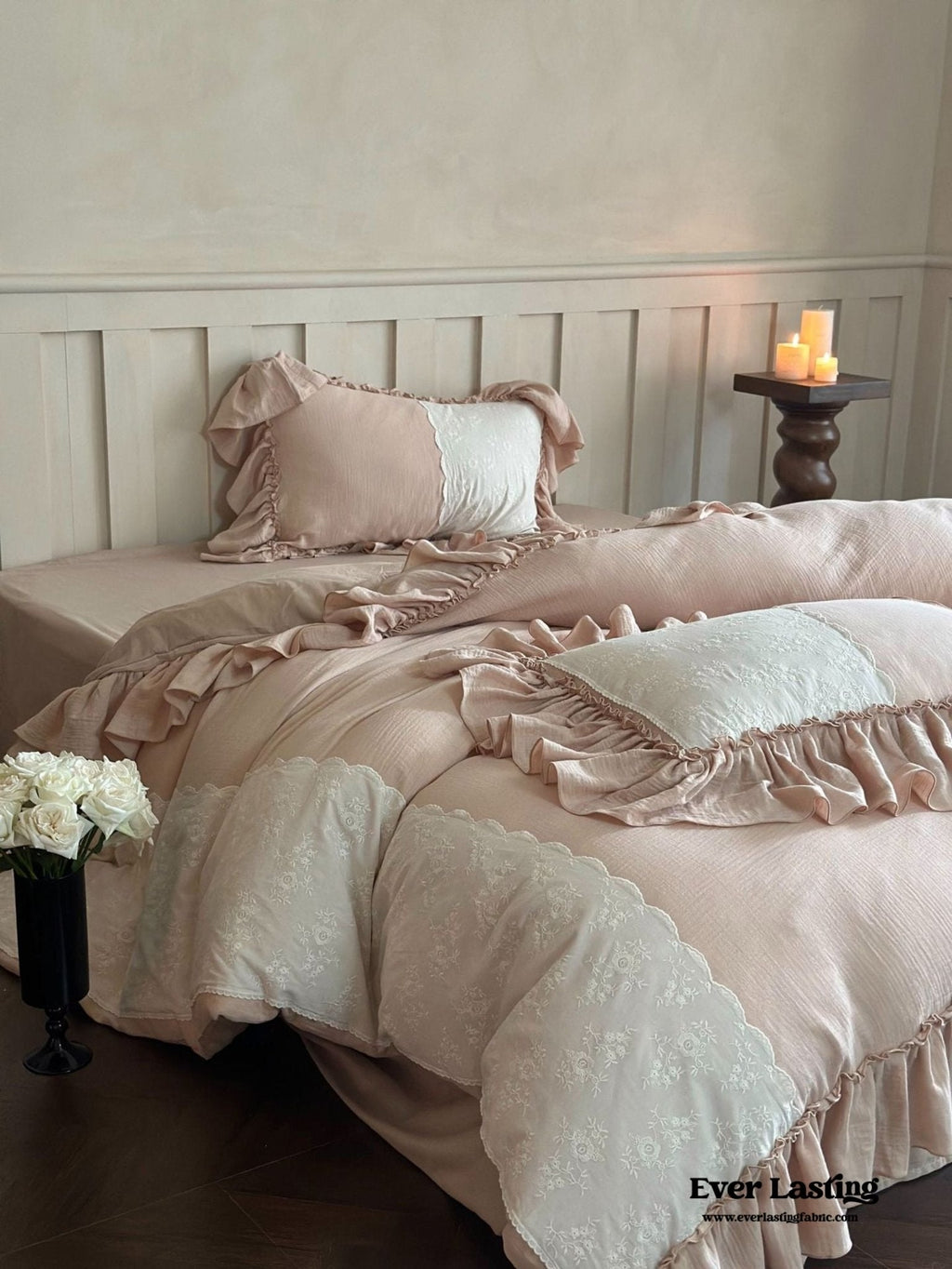 Celeste Soft Lace Embroidered Ruffle Bedding Set  / Olive Green