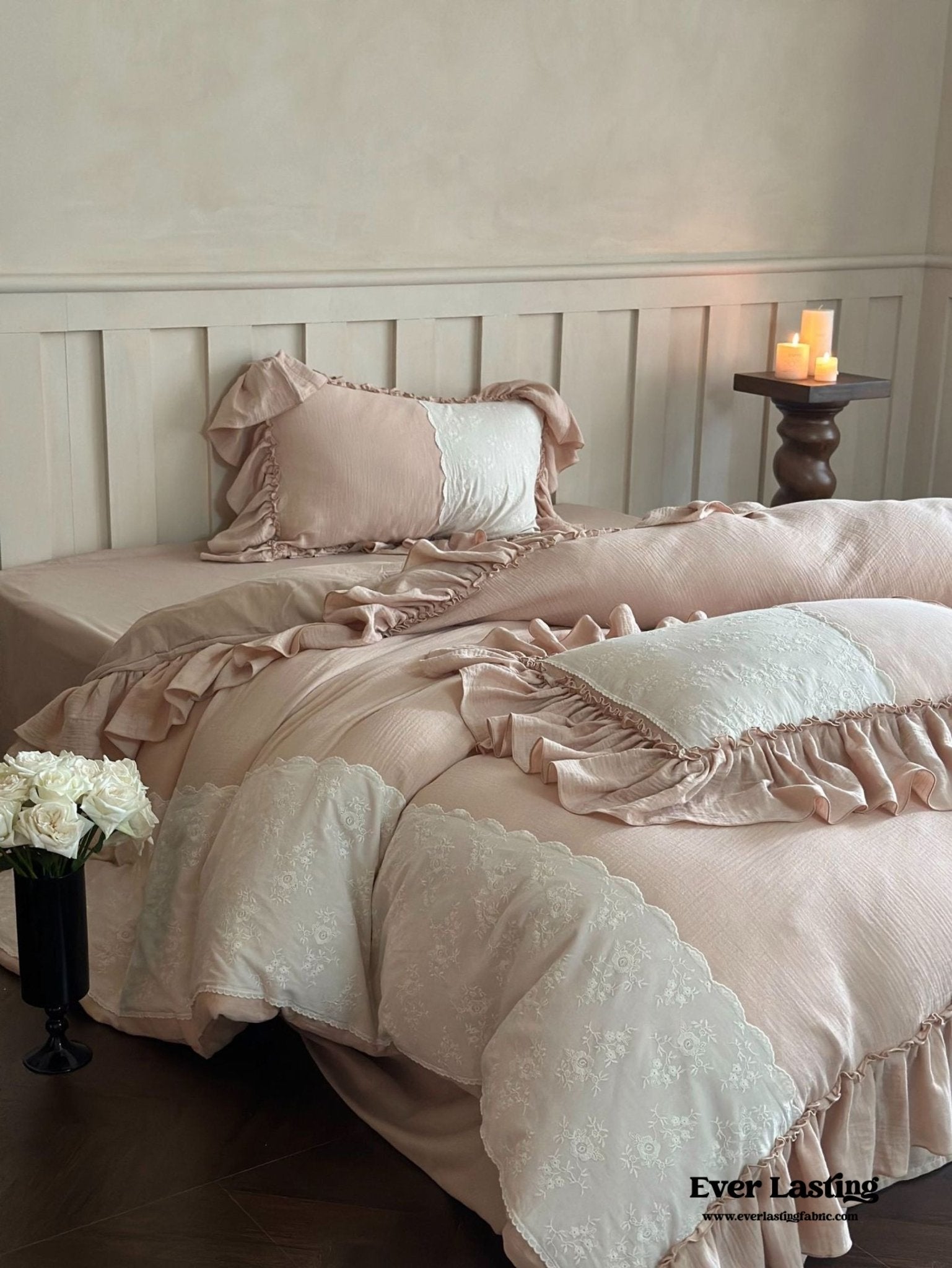 Celeste Soft Lace Embroidered Ruffle Bedding Set  / Olive Green