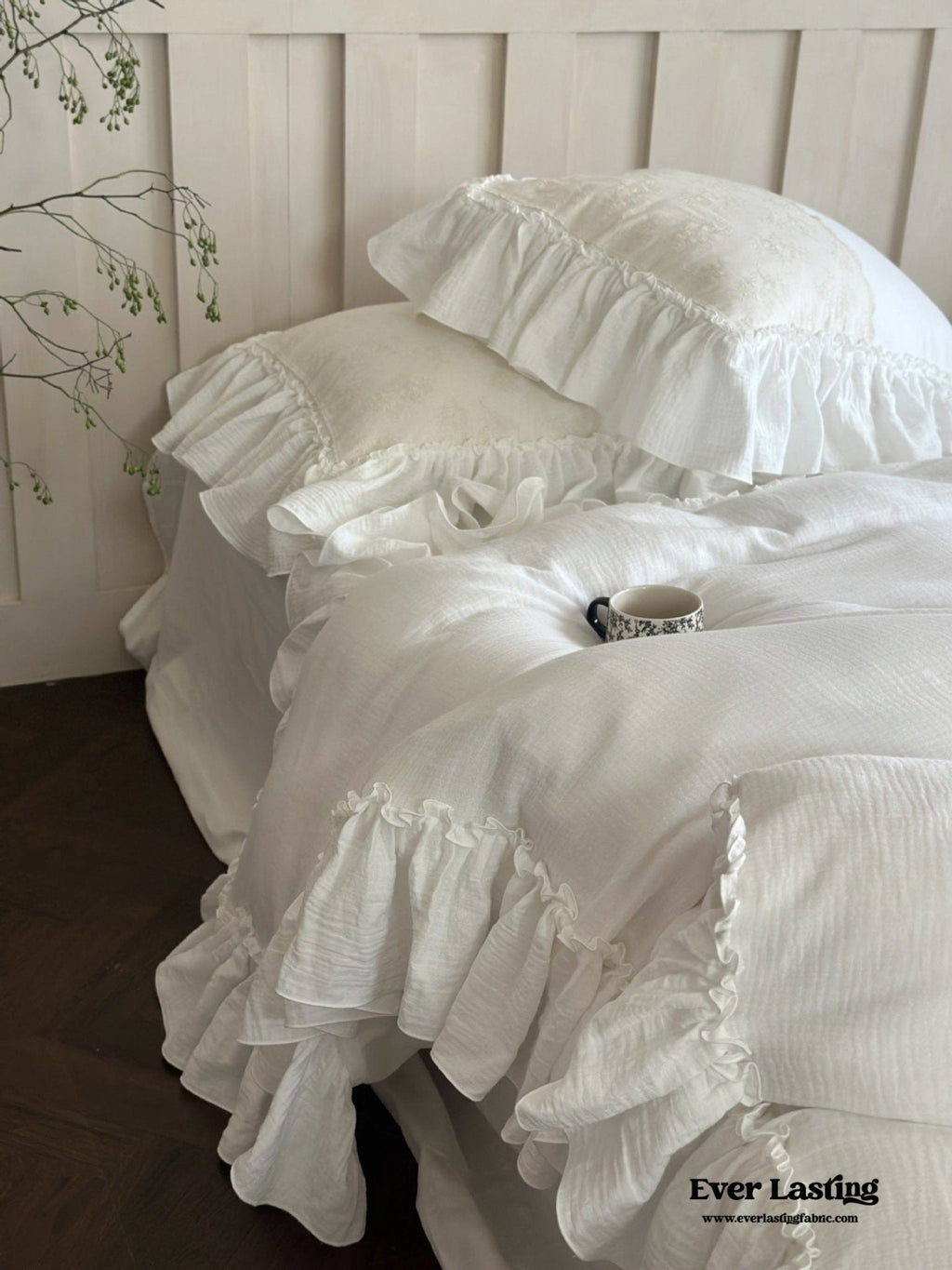 Celeste Soft Lace Embroidered Ruffle Bedding Set  / Olive Green