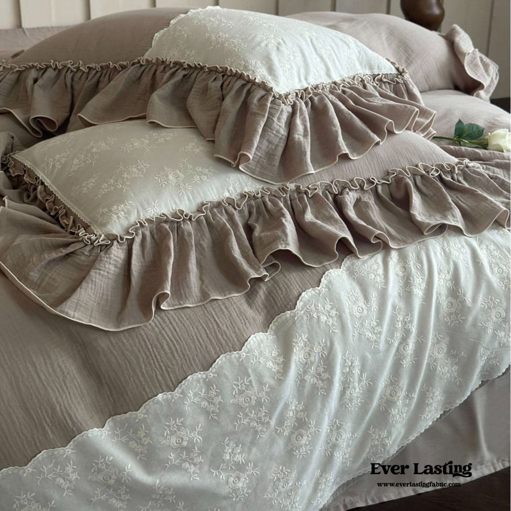 Celeste Soft Lace Embroidered Ruffle Bedding Set  / Olive Green