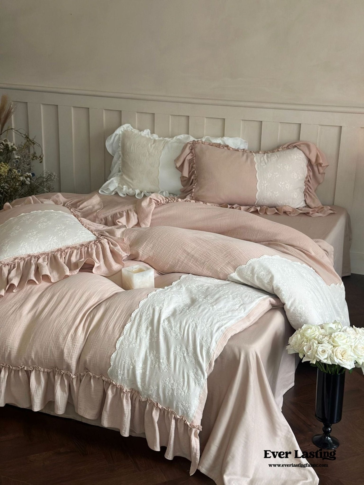 Celeste Soft Lace Embroidered Ruffle Bedding Set  / Olive Green