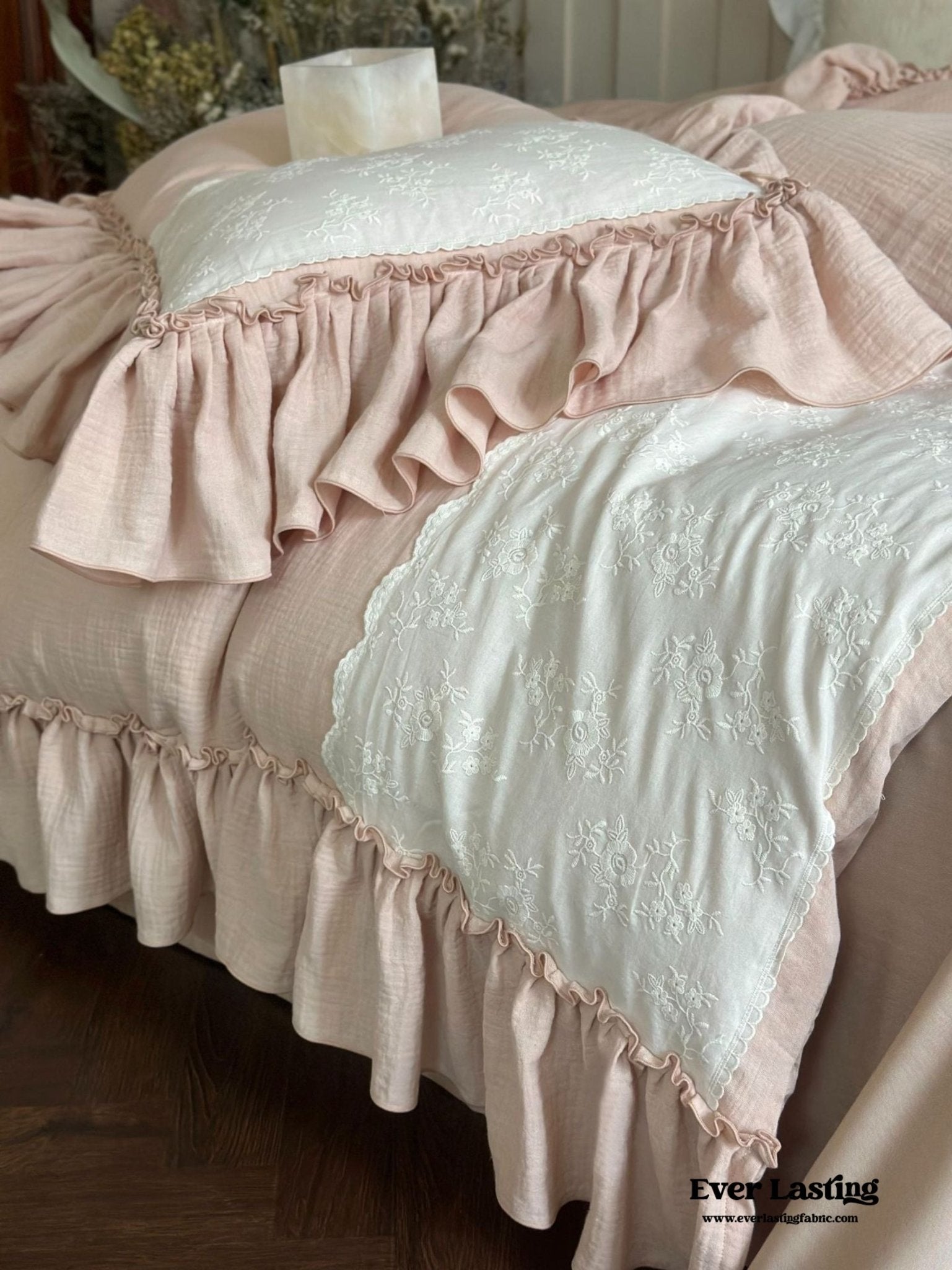 Celeste Soft Lace Embroidered Ruffle Bedding Set / Pink