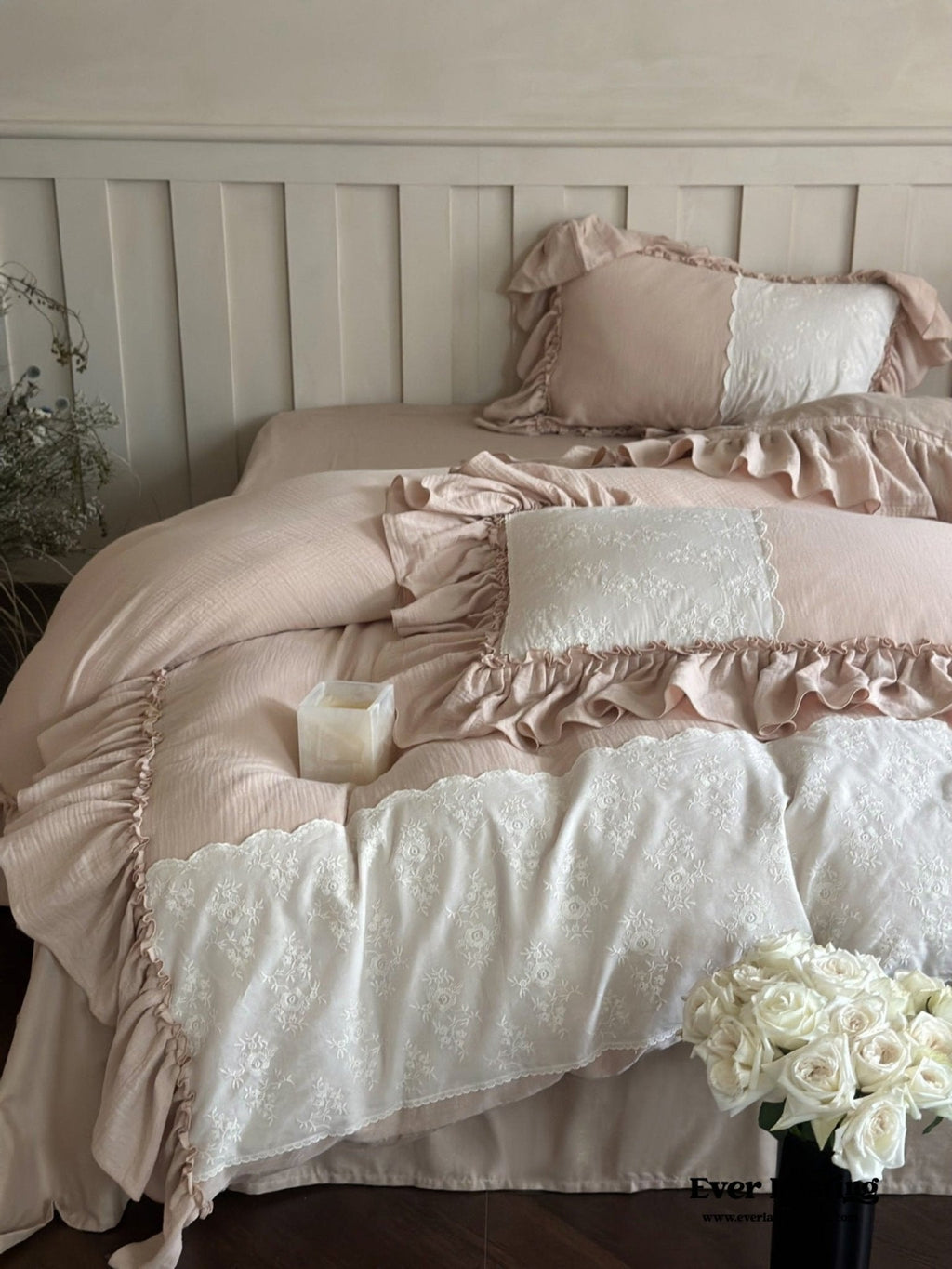 Celeste Soft Lace Embroidered Ruffle Bedding Set / White