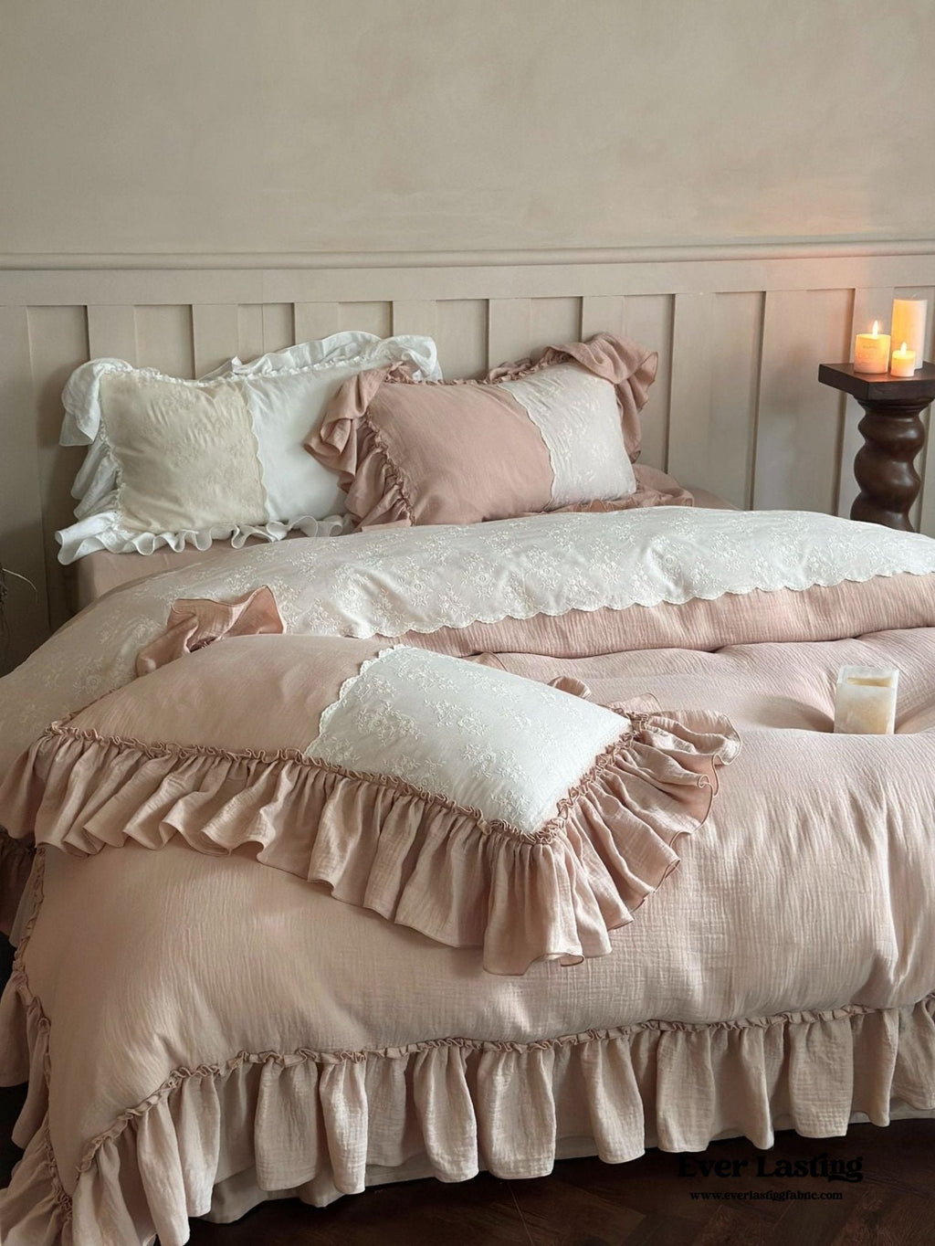 Celeste Soft Lace Embroidered Ruffle Bedding Set / White