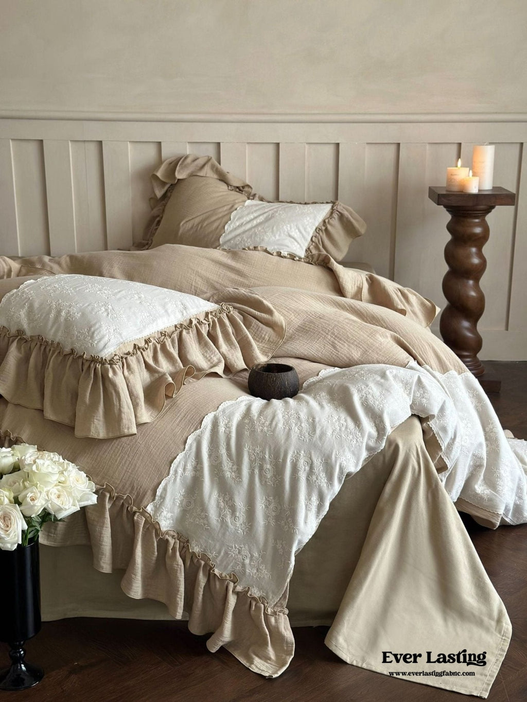 Celeste Soft Lace Embroidered Ruffle Bedding Set / White