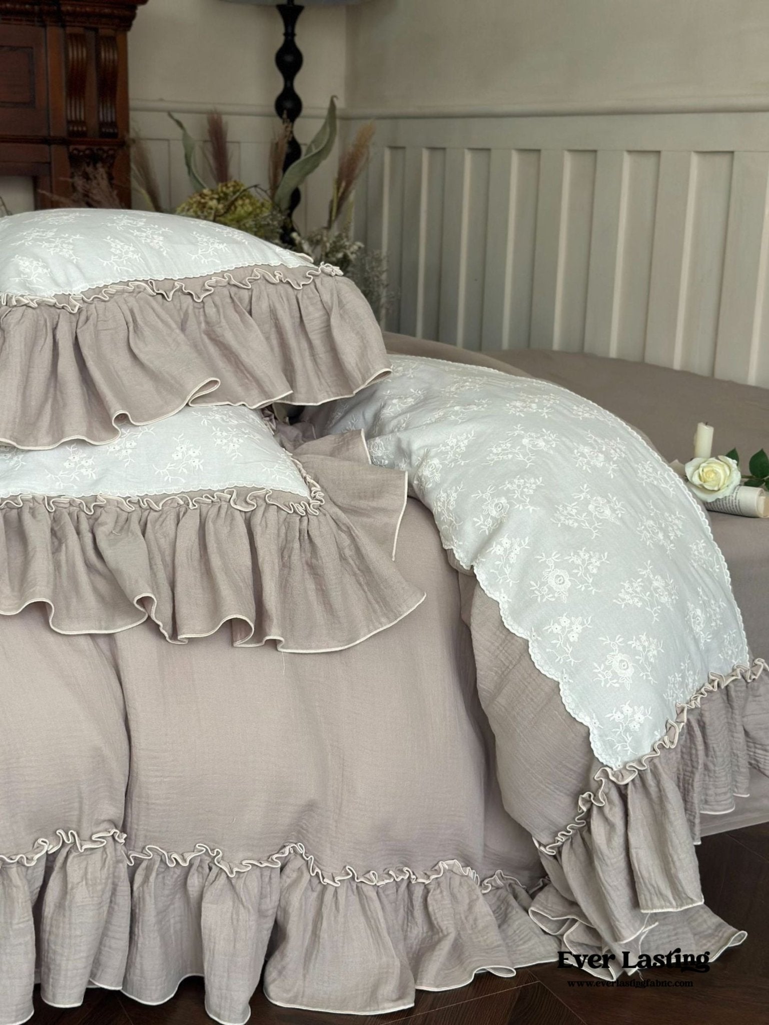 Celeste Soft Lace Embroidered Ruffle Bedding Set / White