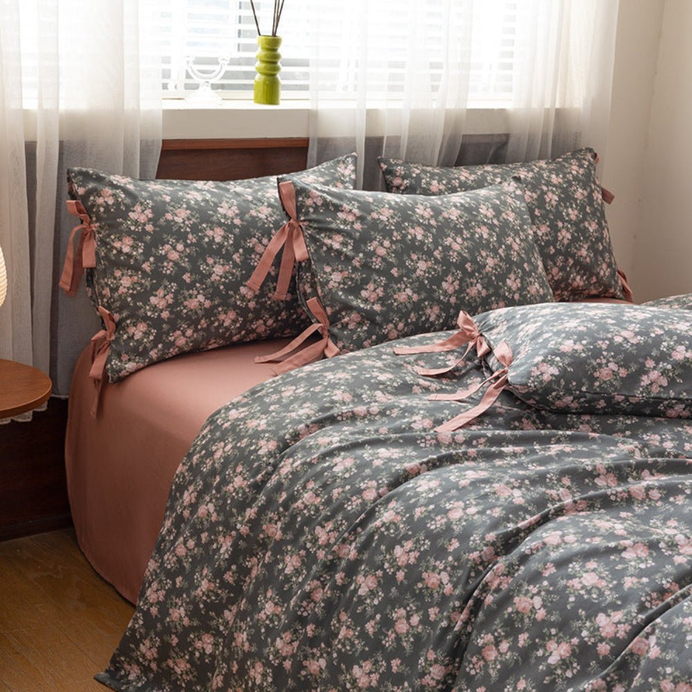 Celia Cottage Ribbon Bow Tie Floral Bedding Set / Pink