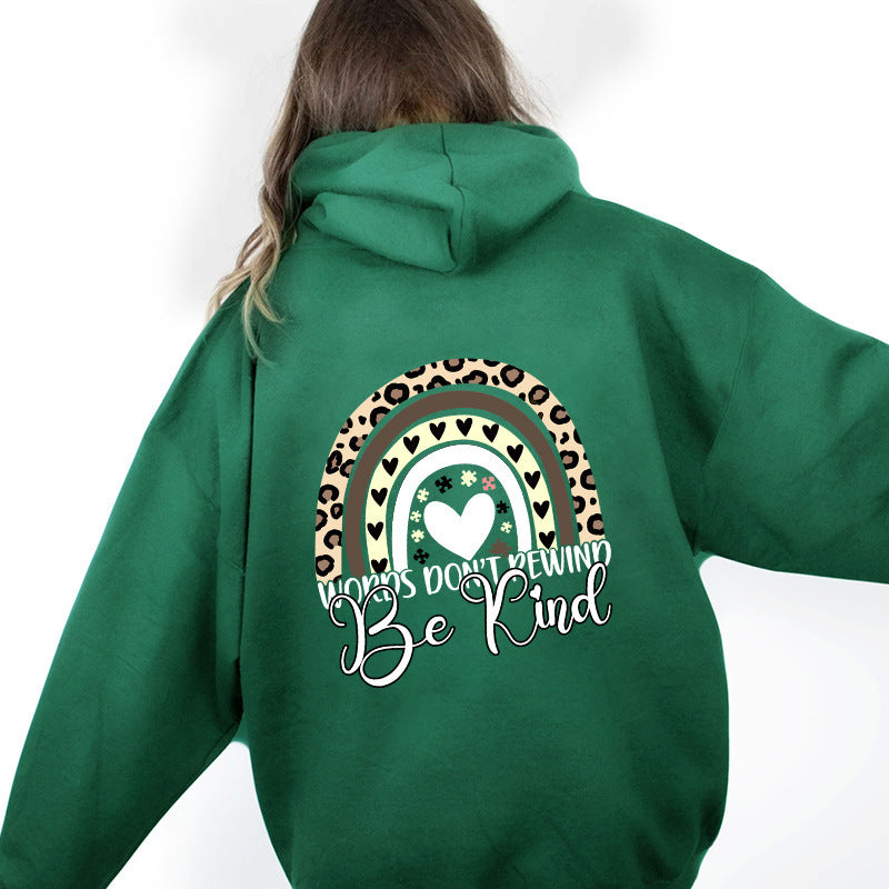 "Be Kind Letter Print Hooded Brushed Hoody for Women"
