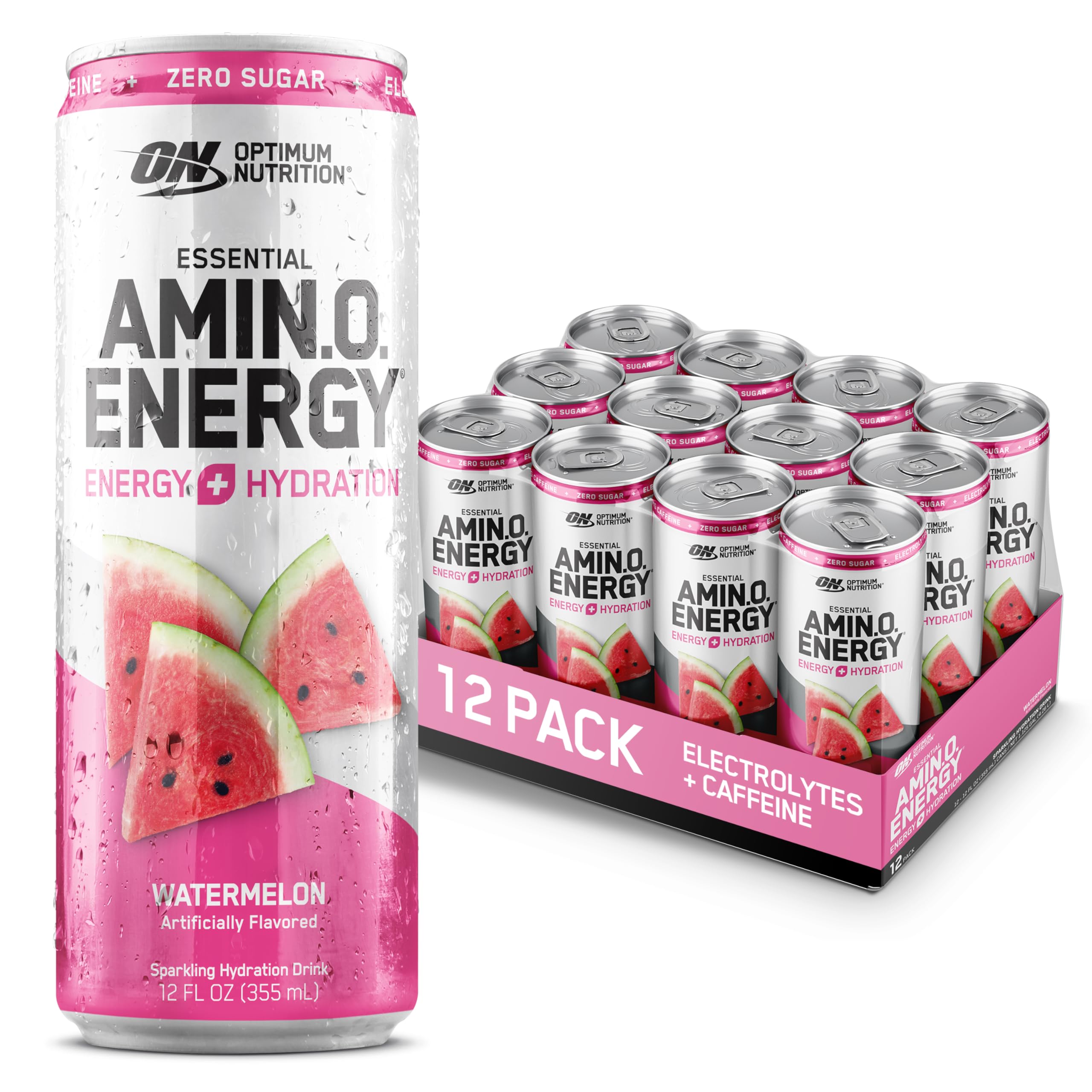 Optimum Nutrition Amino Energy Sparkling Hydration Drink Electrolytes Caffeine Amino Acids BCAAs Sugar Free Watermelon 12 Fl Oz 12 Pack (Packaging May Vary)