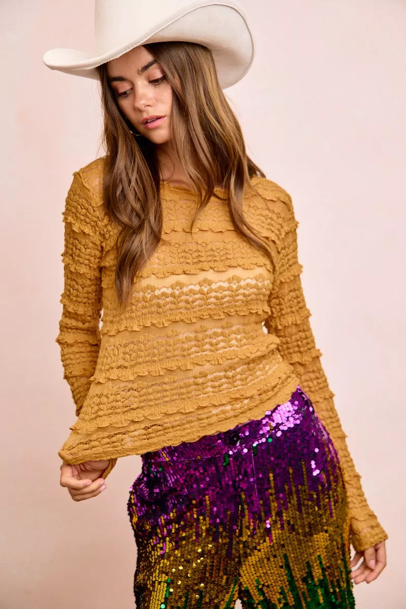 BiBi Ruffles Detail Mardi Gras Color Flower Lace Top