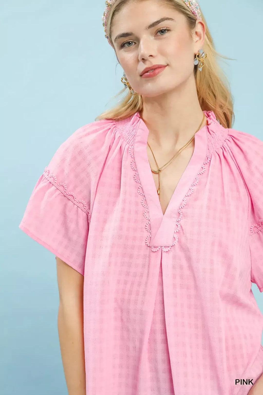 Umgee Gingham Puff Sleeve Top with Lace Trim