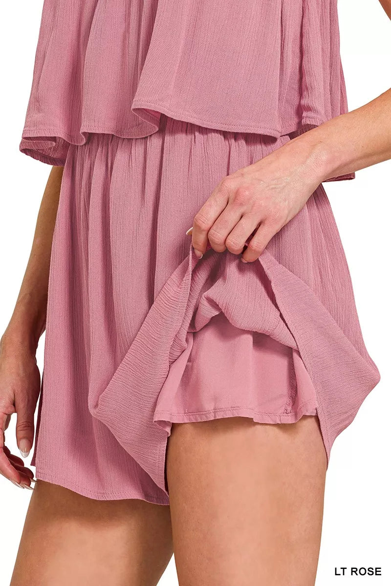 Zenana Woven Crinkle Strapless Rompers