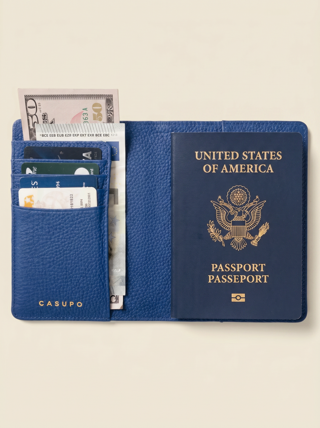 Leather Passport Wallet with RFID Shield- Cobalt