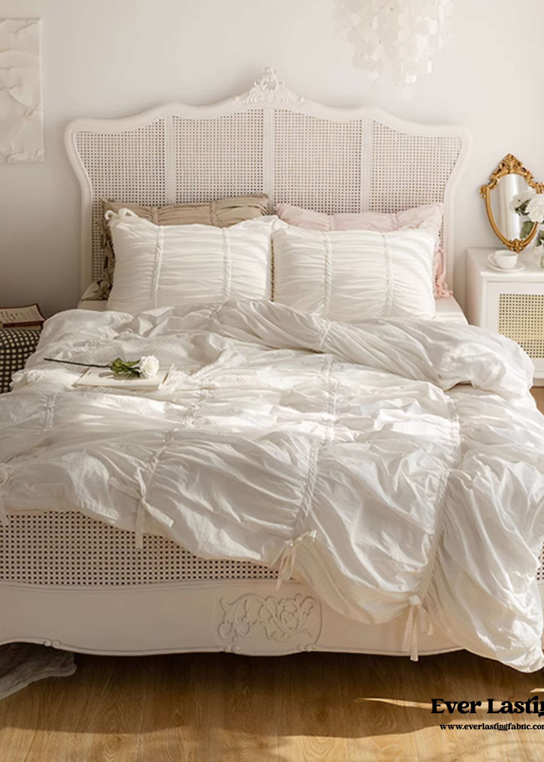 Coquette Ruffle Bedding Set with Ties / White
