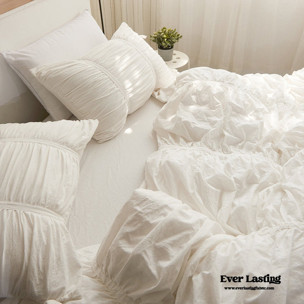 Coquette Ruffle Ribbon Ties Duvet Cover / White