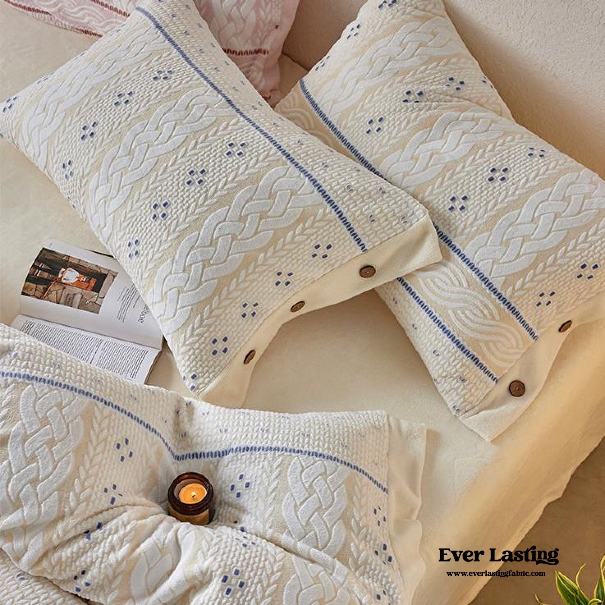 Cottage Braided Button Velvet Bedding Set / Cream