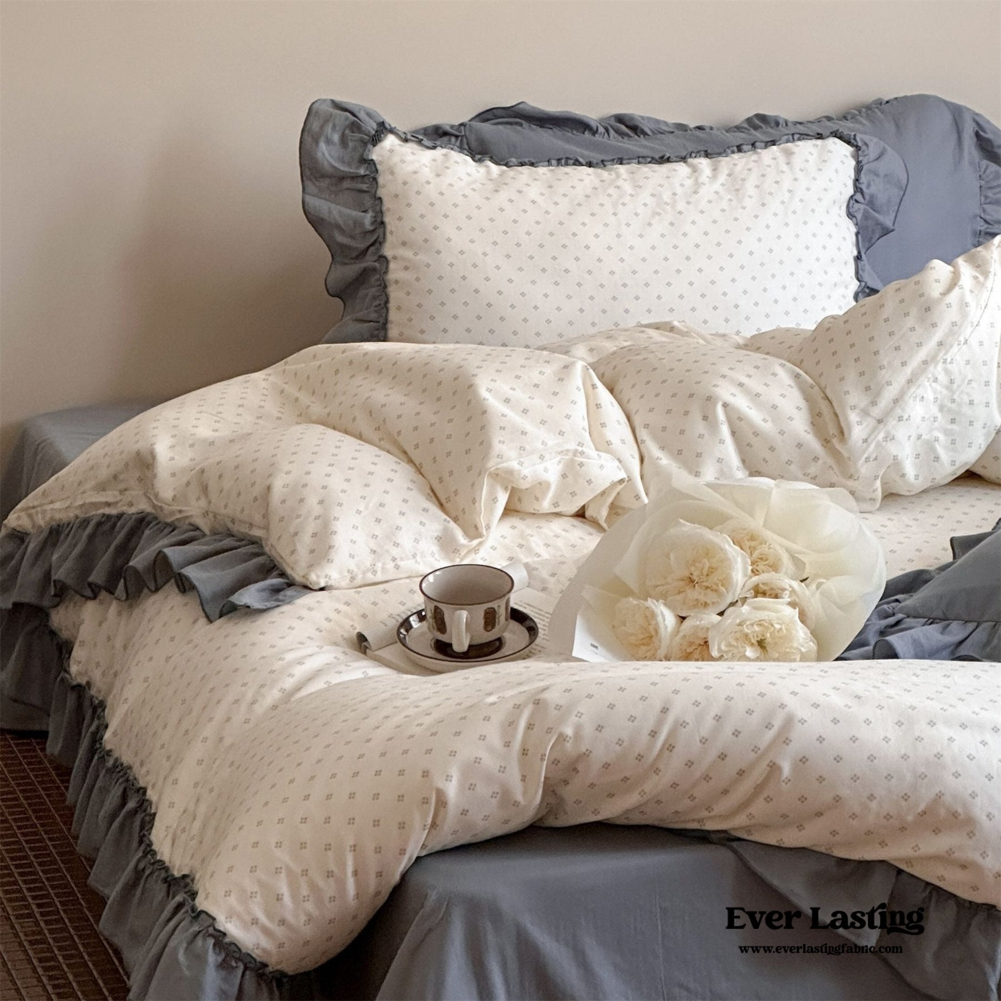 Cottage Inspired Ruffle Bedding Set / Ash Blue