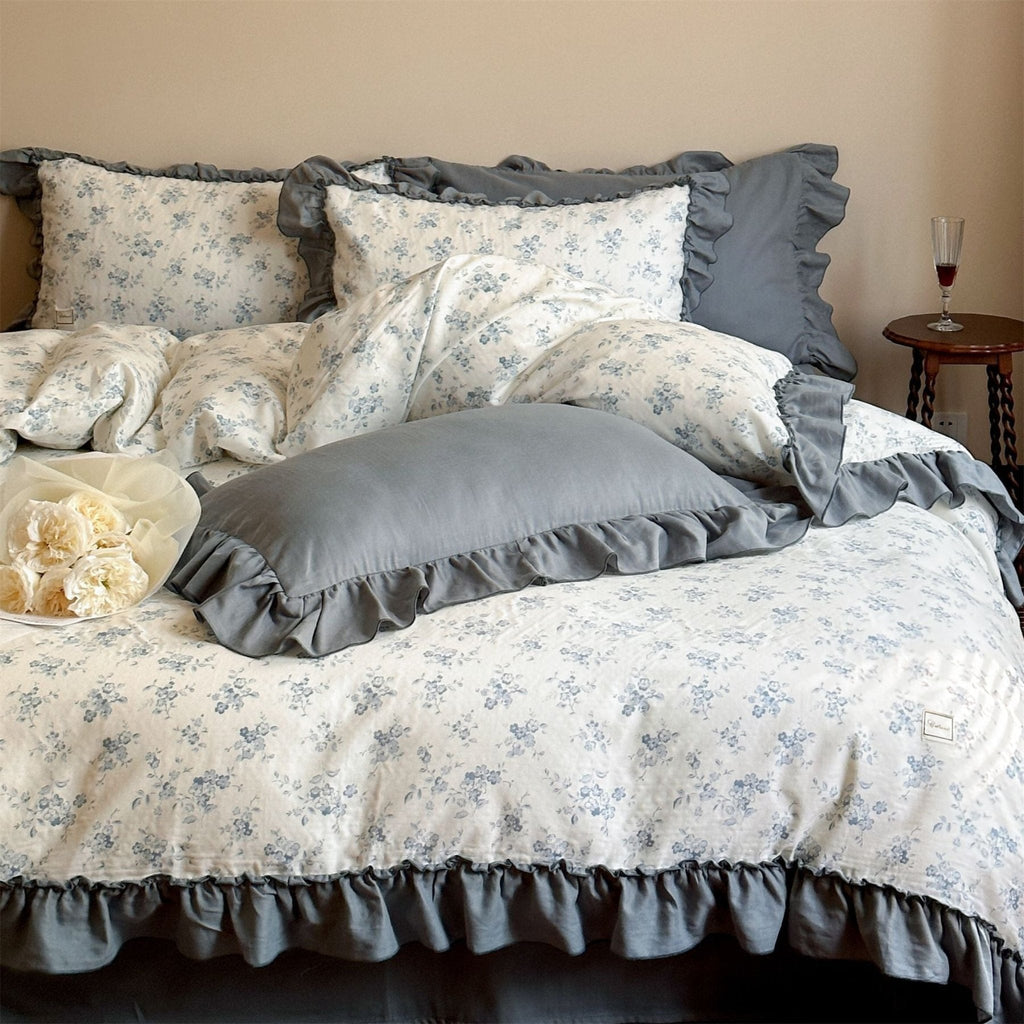 Cottage Inspired Ruffle Bedding Set / Ash Blue