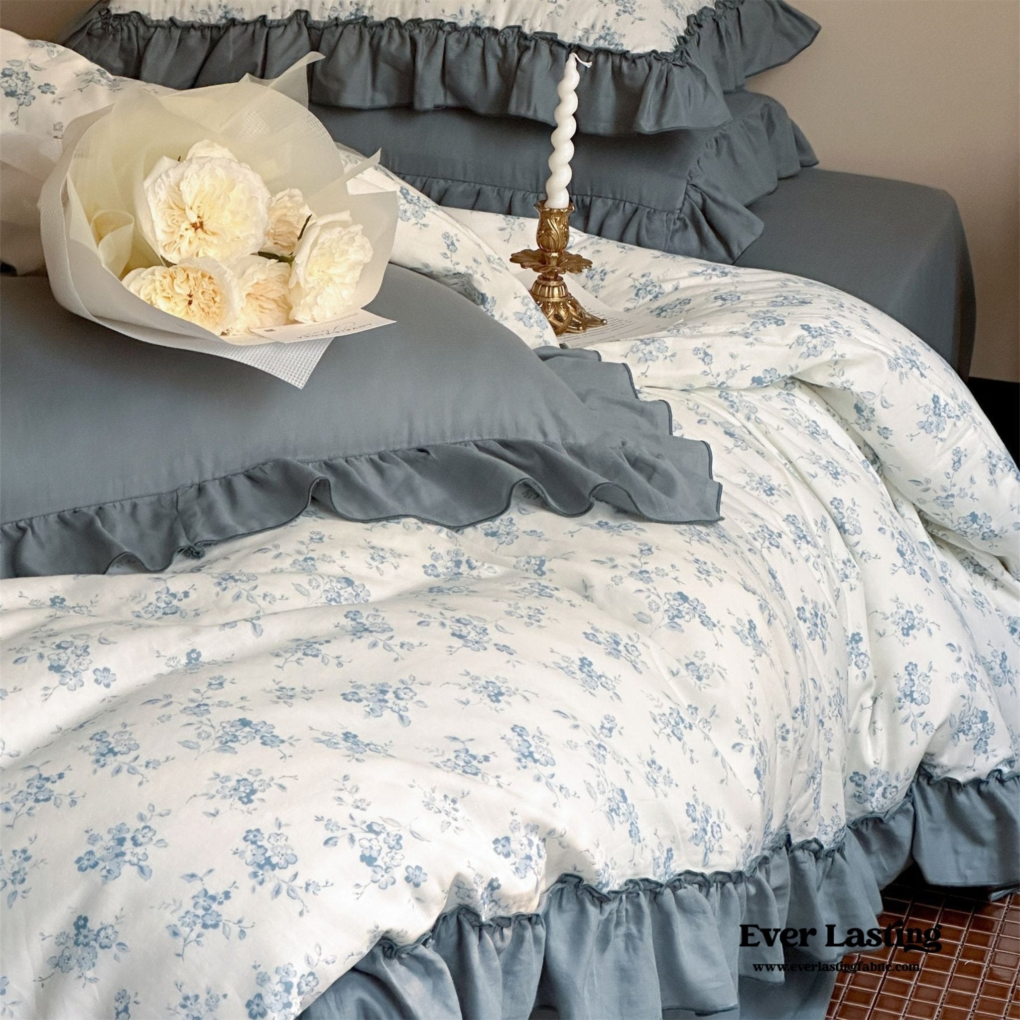 Cottage Inspired Ruffle Bedding Set / Ash Blue