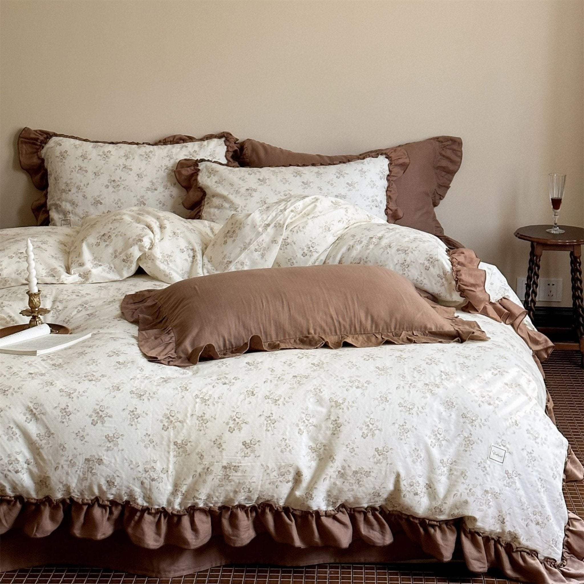 Cottage Inspired Ruffle Bedding Set / Brown