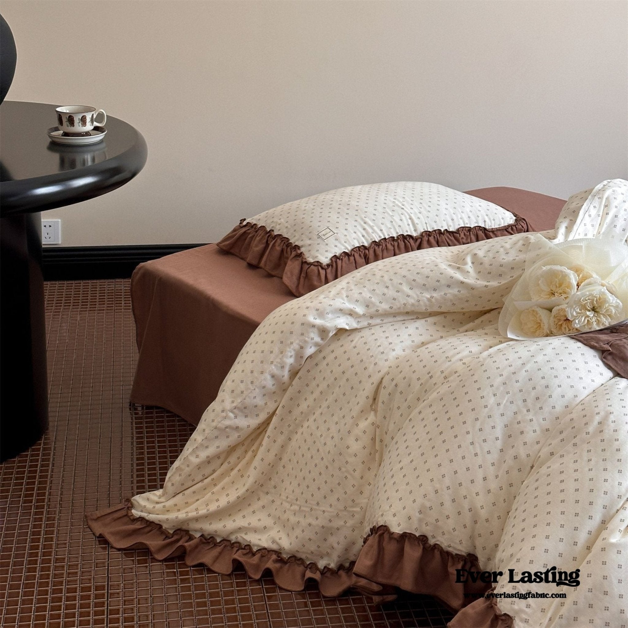 Cottage Inspired Ruffle Bedding Set / Brown