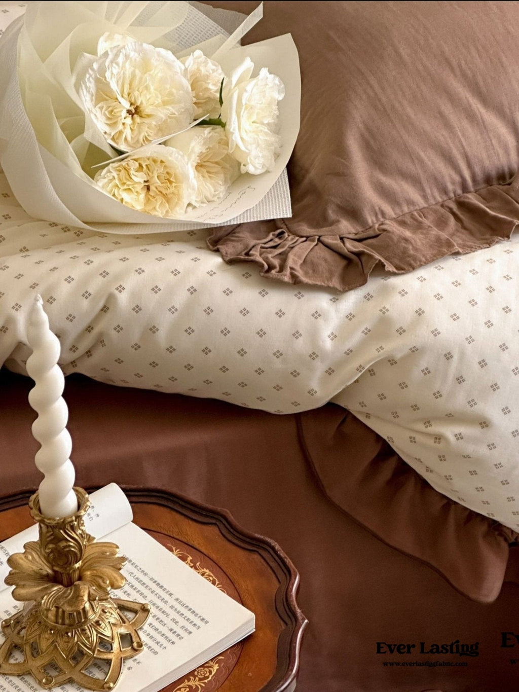 Cottage Inspired Ruffle Bedding Set / Brown