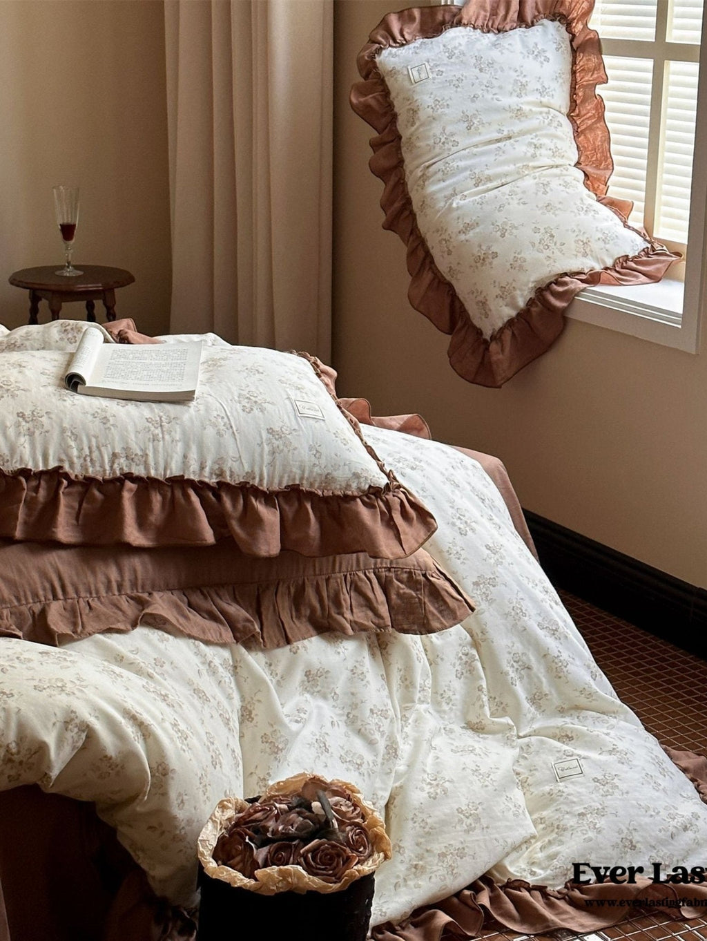 Cottage Inspired Ruffle Bedding Set / Brown