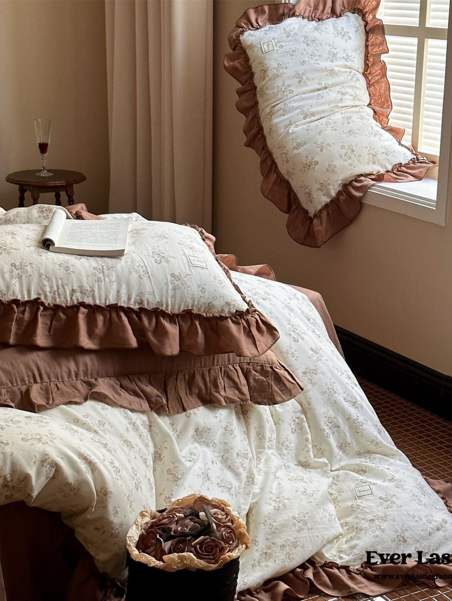 Cottage Inspired Ruffle Bedding Set / Brown