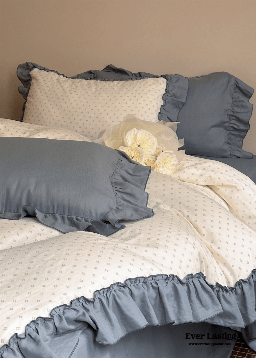 Cottage Inspired Ruffle Bedding Set / Soft Brown
