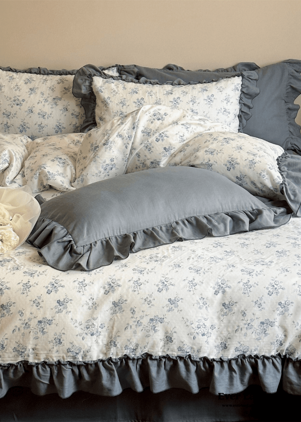 Cottage Inspired Ruffle Bedding Set / Soft Brown
