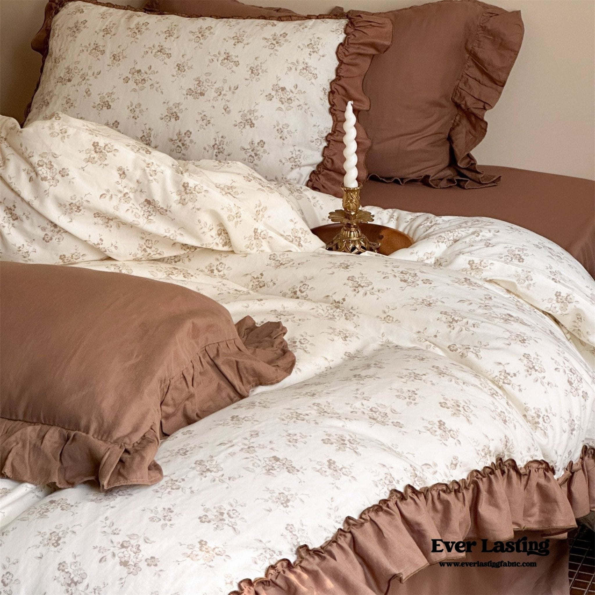 Cottage Inspired Ruffle Bedding Set / Soft Brown