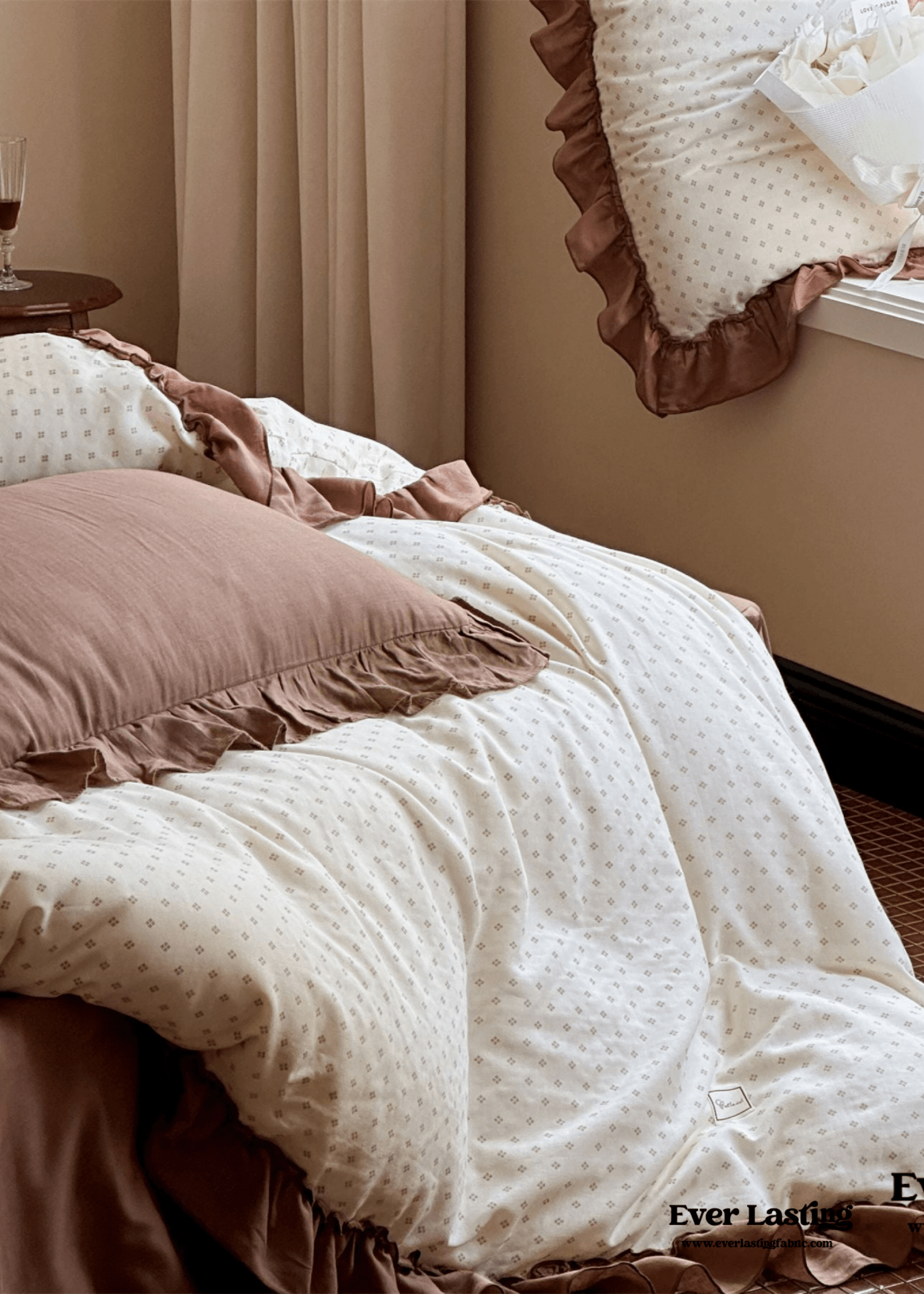 Cottage Inspired Ruffle Bedding Set / Soft Brown