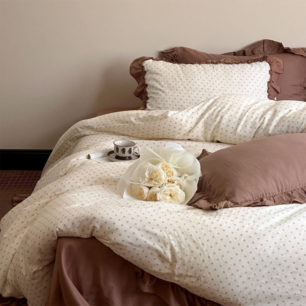 Cottage Inspired Ruffle Bedding Set / Soft Brown